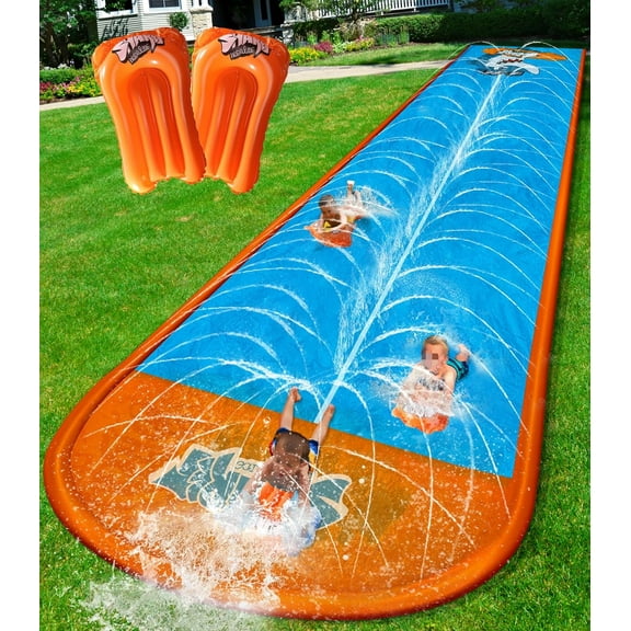 Slip Water Slide, 17ftx3 Lane Slip Water Slide for Kids Backyard Lawn,Summer Water Toys Outdoor Sprinkler with 3 Sliding Racing Lanes and 3 Inflatable Bodyboards