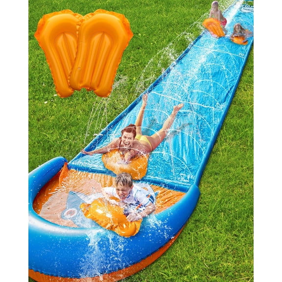 Slip and Water Slide, 32FT Lawn n WaterSlide for Kids Adults, Backyard Summer Outdoor Toys with Sprinkler, 2 Inflatable Bodyboards
