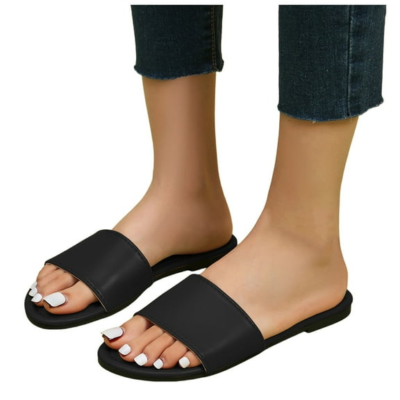 Slip on Flat Sandals for Women 2025 Fashion Casual Leather Open Toe Dressy Slippers Indoor and Outdoor