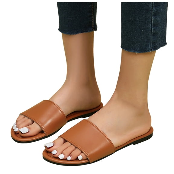 Slip on Flat Sandals for Women 2025 Fashion Casual Leather Open Toe Dressy Slippers Indoor and Outdoor