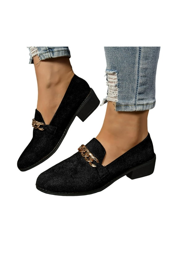 Slip on Penny Loafers Dress Shoes for Women Suede Pointed Toe Ballet Flats Chunky Mid Heels Office Work Shoes