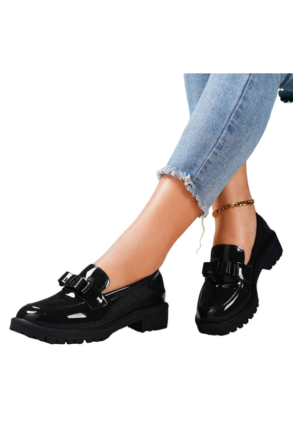 Slip on Penny Loafers for Women 2025 Spring Glitter Leather Bow Mid Heel Oxfords Dress Shoes