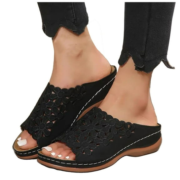 Slip on Sandals for Women 2025 Summer Bohemian Flower Beach Open Toe Wedge Low Heel Dressy Sandals Ladies