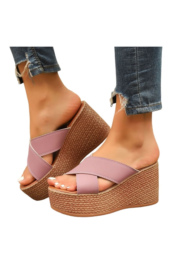 Slip on Wedge Sandals for Women Chunky Platform High Top Slides Open Toe Arch Support Trendy Dress Shoes for Ladies Outdoor Red-9.5