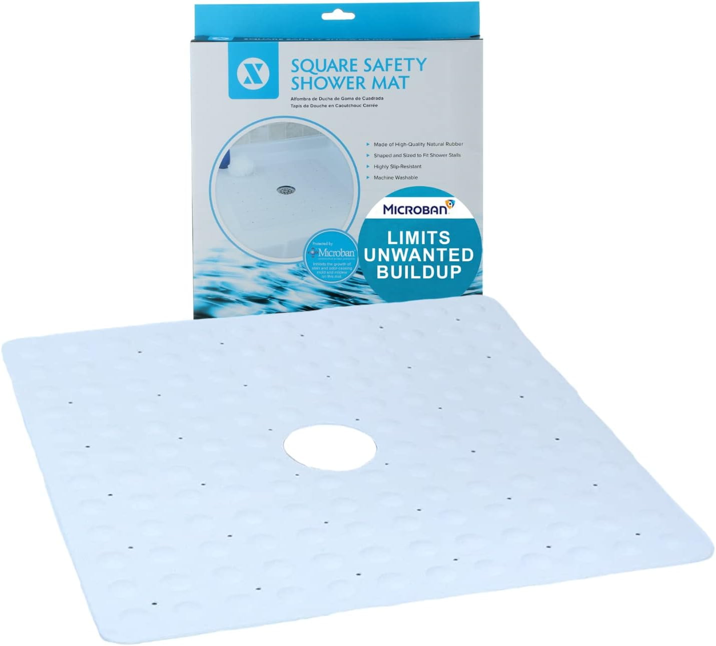 White Square Rubber Safety Shower Mat with Microban Protection