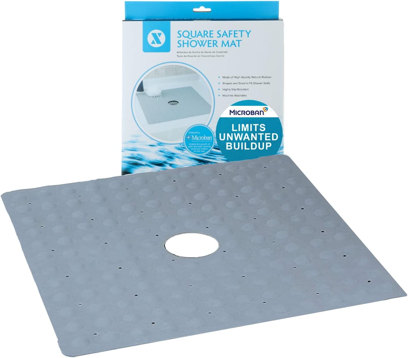 Gray 21" Square Rubber Anti-Slip Shower Mat with Microban
