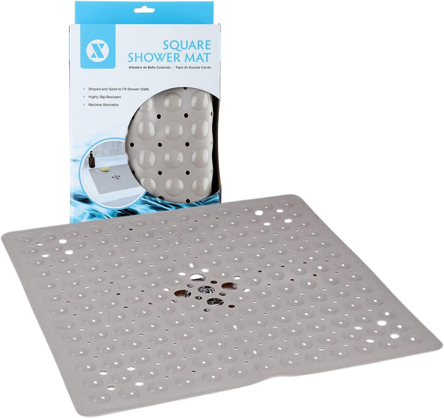 Xl Non-slip Square Shower Mat With Center Drain Hole Clear - Slipx  Solutions : Target
