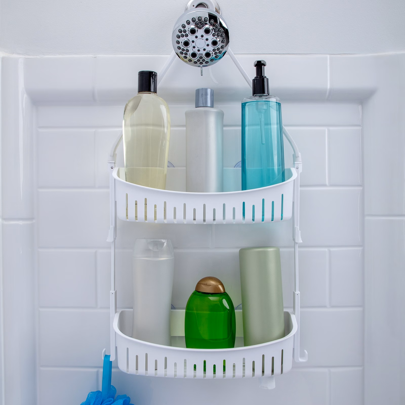 SlipX Solutions Height Adjustable Plastic Shower Caddy, Hangs Almost Anywhere, No Tools, White