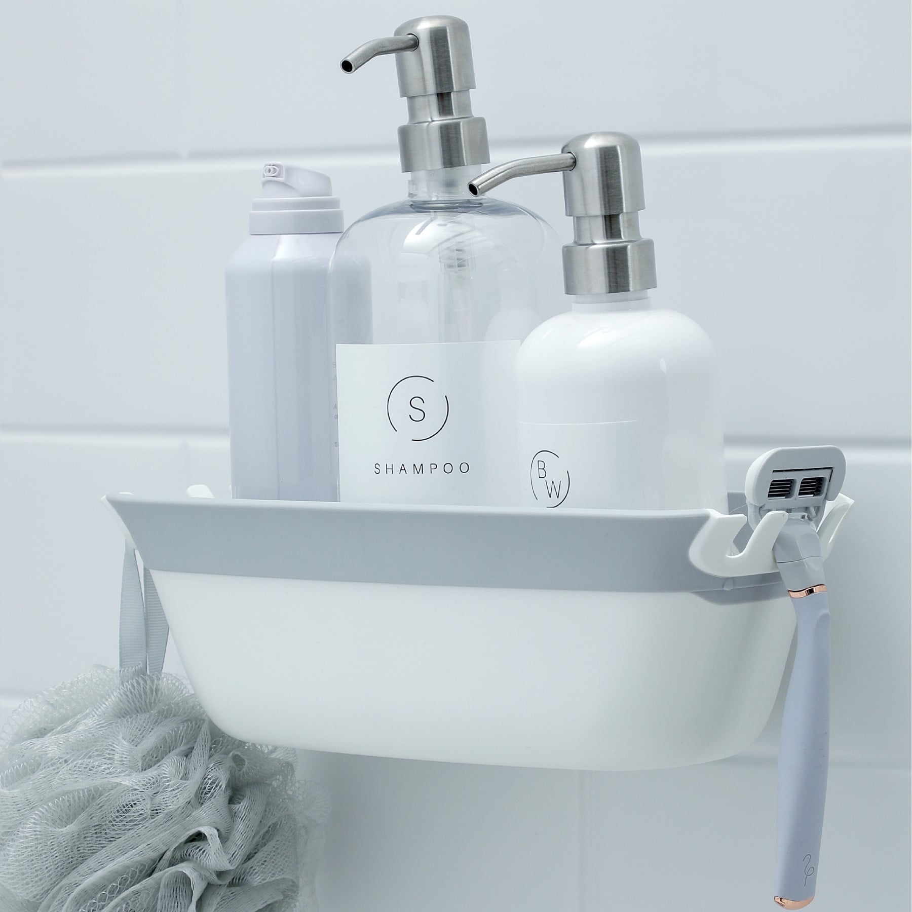 White and Gray Plastic Suction Mount Shower Caddy