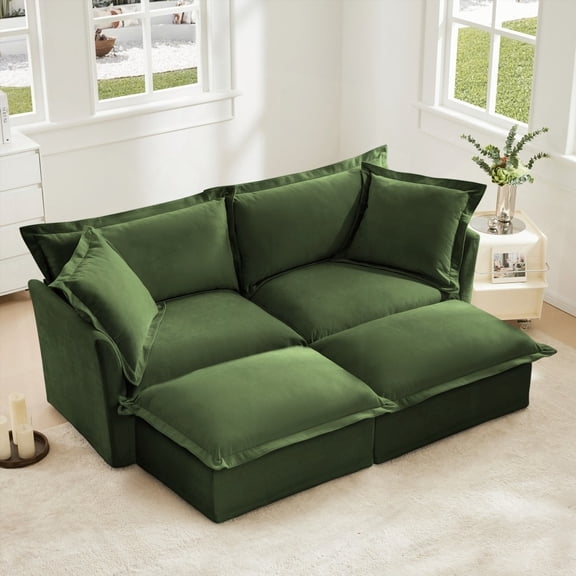 Green 2-Seater Slipcovered Sofa with 2 Ottomans & Sleeper Bed for Living Room