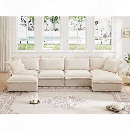 Modern U-Shaped Sectional Sofa with Wide and Deep Seat, 4-Seater in Chenille Fabric (220×80×75cm), Sturdy and Comfortable