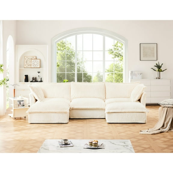 Slipcovered Deep Seat Sectional , 3 Seater Cream, Cozy Cloud Couch For Apartment French Edges Cream Sectional, Relaxing