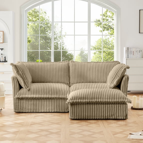 Slipcovered Sectional 2 Seater Sofa Couch with Convertible Ottoman, Wide and Deep Seat L Shaped Sofa with Detachable Cover and Soft Multiple Big Pillows,Camel Corduroy Fabric