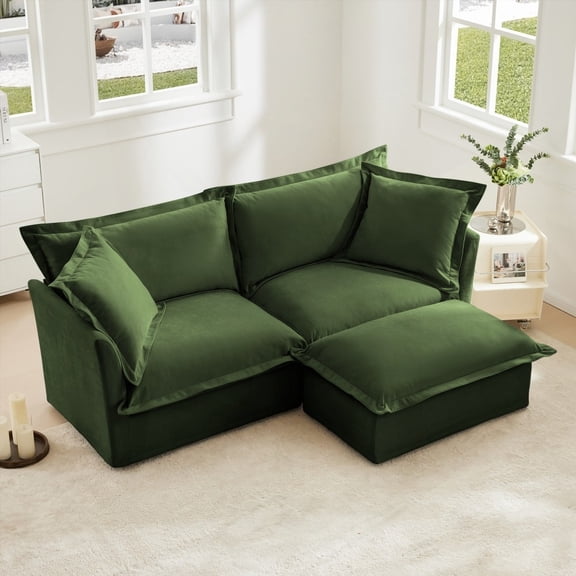 Modern L-Shaped Sectional Sofa with Convertible Ottoman in Green Chenille Fabric