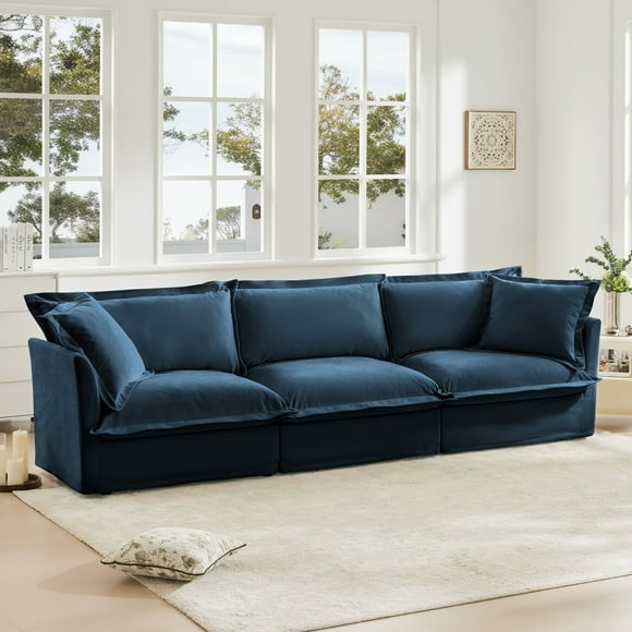 Slipcovered Sofa Couch, Modern 3 Seater Sofa with Suppleness Armrests, Chenille Fleece Deep Seat Sofa with Soft Multiple Big Pillows, Comfy Couch for Living Room, Apartment,Chenille Fabric, Blue97441