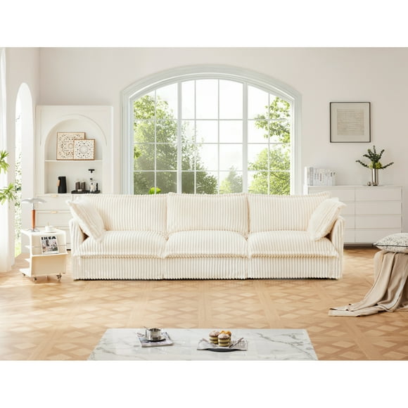 Slipcovered Sofa Couch, Modern 3 Seater Sofa with Suppleness Armrests,Deep Seat Sofa with Soft Multiple Big Pillows, Comfy Couch for Living Room, Apartment,Cream Corduroy Fabric49257