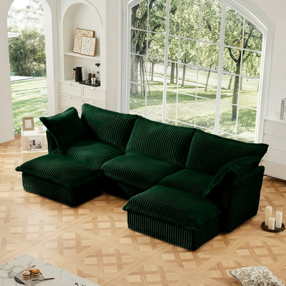 Slipcovered U Shape Sectional Deep Seat Sofa Couch, 3 Seater Sofa with French Edges Design Multiple Big Pillows, Modular Deep Seat Sectional Sofa Comfy Cloud Couch for Living Room, Apartment, Green
