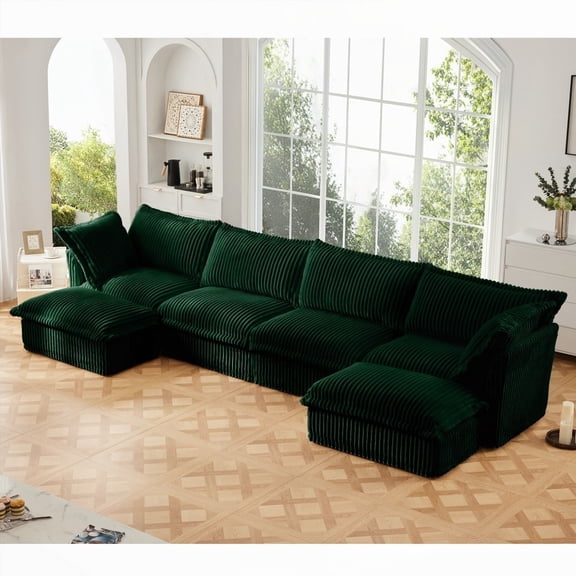 Green Corduroy 4-Seater U Shape Sofa Couch, French Edges & Soft Deep Seat, Convertible & High-Quality for Living Room