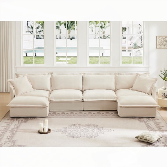 Slipcovered U-Shape Sectional Sofa with French Edges in Chenille Fabric for Living Room (4 Seater, Wide & Deep Seat)