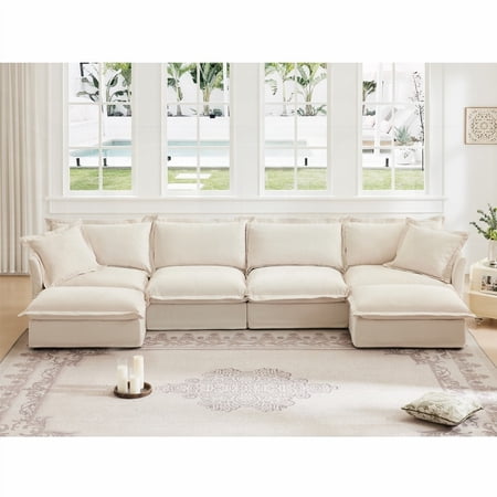 Slipcovered U Shape Sectional Sofa with French Edges & Big Pillows, Soft & Spacious for Living Room