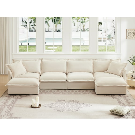 Slipcovered U Shape Sectional Wide and Deep Seat Sofa Couch, 4 Seater Sofa with French Edges Design Multiple Big Pillows, Soft Deep Seat Comfy Cloud Couch for Living Room, Apartment, Chenille Fabric