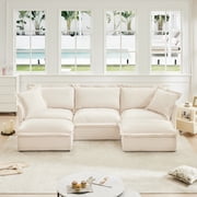 Slipcovered U-Shaped Sectional Deep Seat Sofa Couch Chenille, 3-Seater with French Edges Design & Multiple Big Pillows, Modular for Living Room/Apartment
