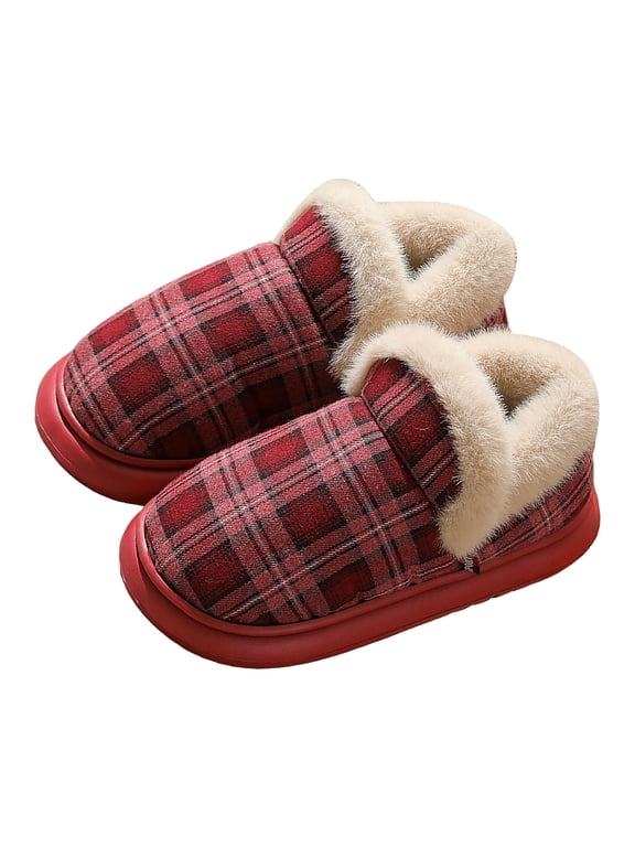 Slipper Boots for Women Casual Plaid Plush Platform House Shoes Comfortable Memory Foam Soft Sole Home Booties Red Size 7.5