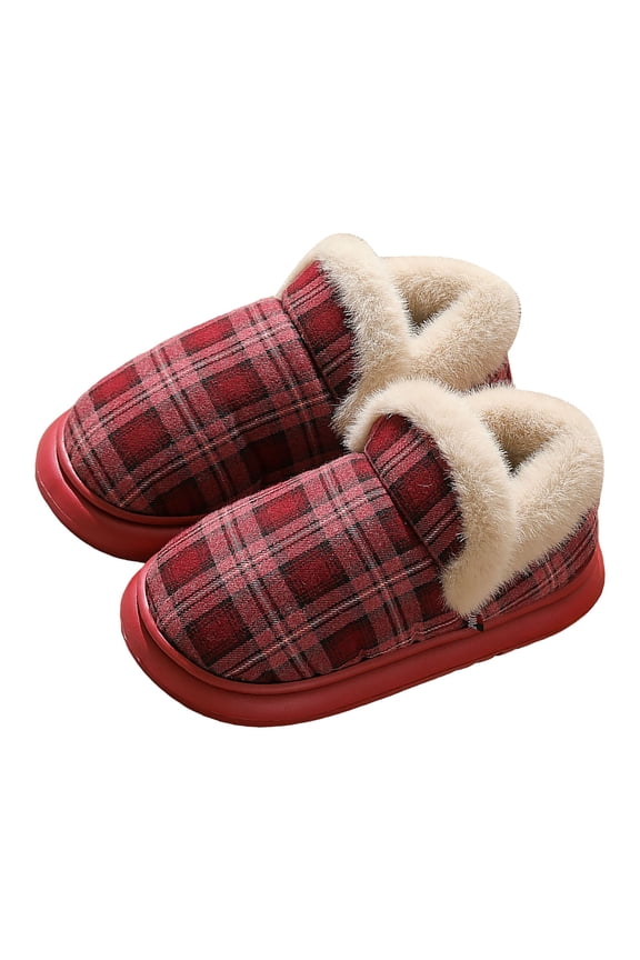 Slipper Boots for Women Casual Plaid Plush Platform House Shoes Comfortable Memory Foam Soft Sole Home Booties Red Size 7.5