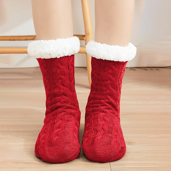 Slipper Socks,Winter Socks for Women,Men's And Women's Thick Sleep Socks Warm Floor Couple's Mid Tube Socks,Women Slipper Fuzzy Socks Fluffy Cozy Cabin Warm Winter Soft(Red)