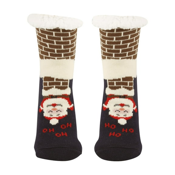 Slipper Socks With Grips Womem Men Christmas Cartoon Print Lined Socks With Grippers Non Thermal Cozy Stockings Winter Thicked Home Sleep Gift,Navy