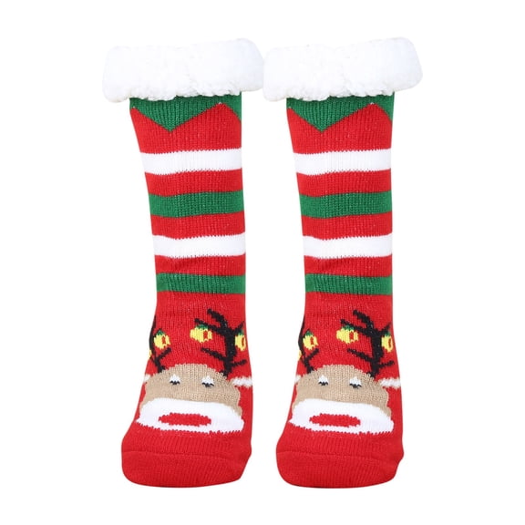 Slipper Socks With Grips Womem Men Christmas Cartoon Print Lined Socks With Grippers Non Thermal Cozy Stockings Winter Thicked Home Sleep Gift,Red
