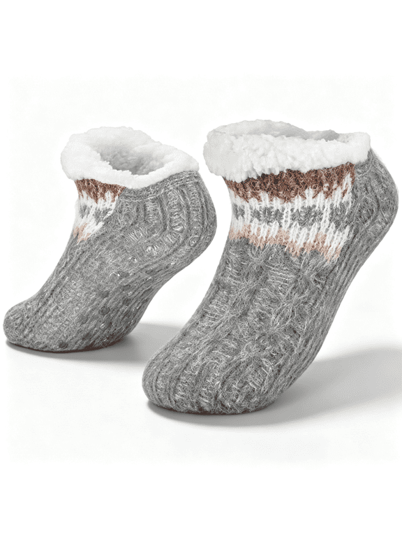 Slipper Socks Women, Non-Slip Warm Fuzzy Indoor House Slippers Gray Cozy Plush Polyester Lining, PVC Traction Sole, US CA Men 3.5-8.5 Women 5-11, Winter Lounge Socks, Family Holiday Gift