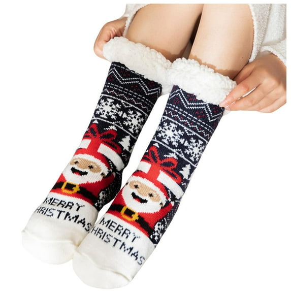 Slipper Socks for Womem Christmas Cartoon Print Lined Socks Non Thick Thermal Cozy Stockings Winter Gift Thicked Home Sleep,Z2-Blue,One Size