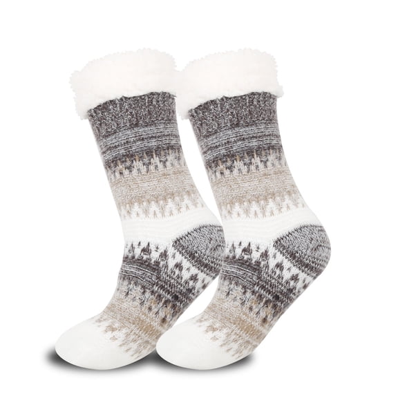 Slipper Socks for Women with Grippers Non Slip Fuzzy Grip Winter Warm Cozy Thick Comfy Soft Fleece Cabin Socks Khaki