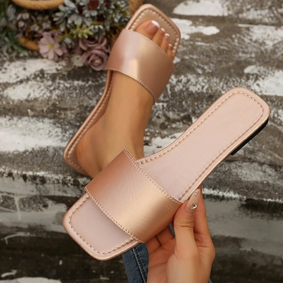 Slipper for Women Women Fashionable Casual Spring/Summer Versatile Beach Flat Sandals With Solid Color Toe And Exposed Toes,Rose Gold,39