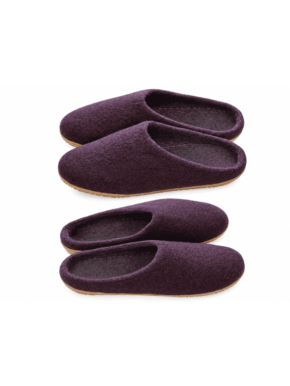 Slippers, 100% Sheep Wool, Non-Slip Rubber Sole House Slippers, Closed Toe, Purple
