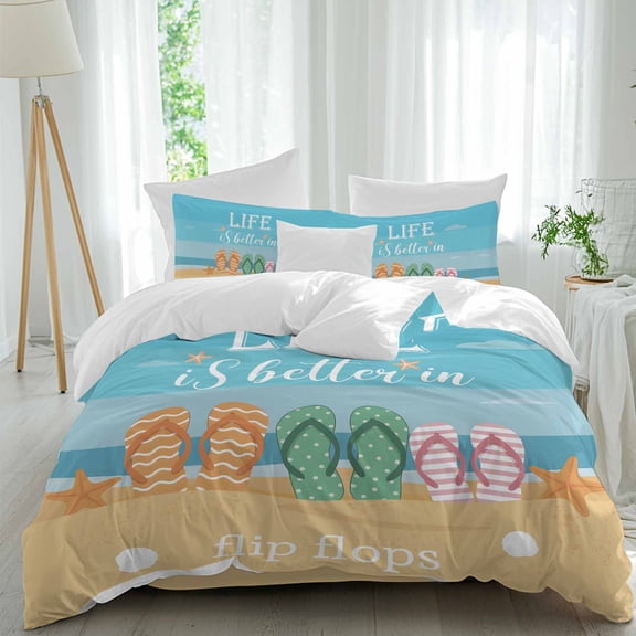 Slippers Beach Starfish Duvet Cover Set Twin Size, Life Is Better in Flip Flops 4 Piece Soft Microfiber Bedding Set with 1 Duvet Cover, 1 Flat Sheet, 2 Pillowcases