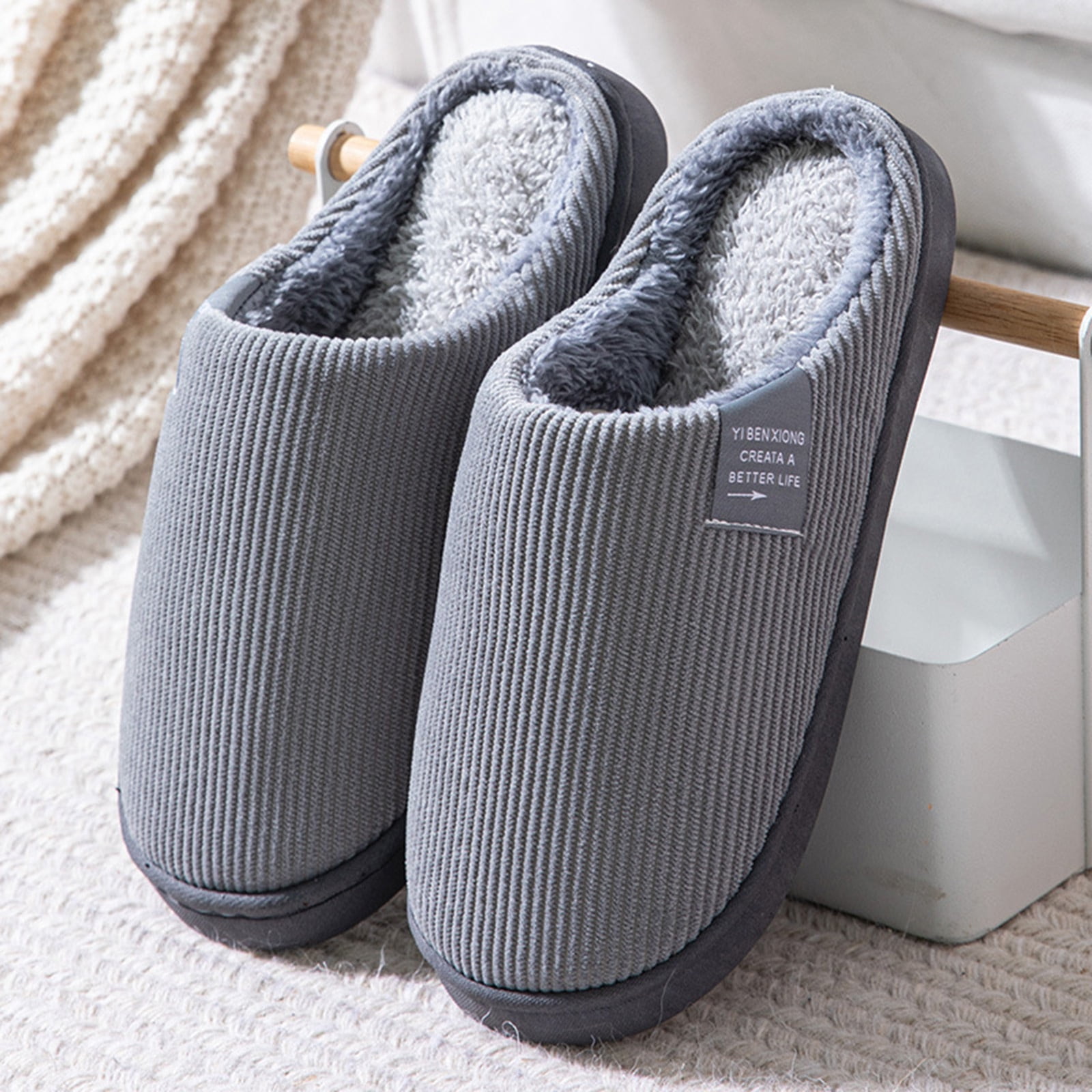 Men\'s Grey Cushion Memory Foam Shake Fleece Faux Fur Lining House Slipper Shoes Men main image 2