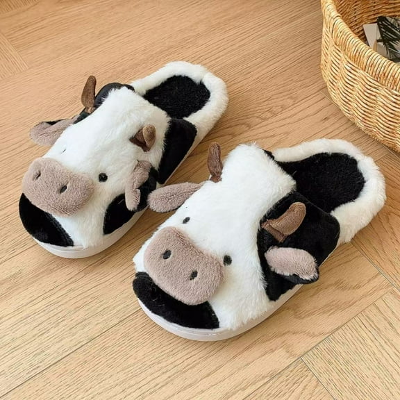 Slippers For Women,Cow Slippers,Womens Fuzzy Slippers,Cute Animal Cartoon Fluffy Plush House Slippers For Women Men Indoor