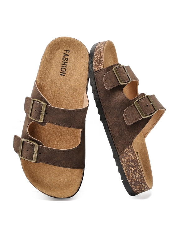 Kids Slides Sandals, Cork Footbed Sandals for Girls Boys, Non-Slip Boys and Girls Slides Shoes with Adjustable Buckle Summer Slip-on Slippers Indoor Outdoor