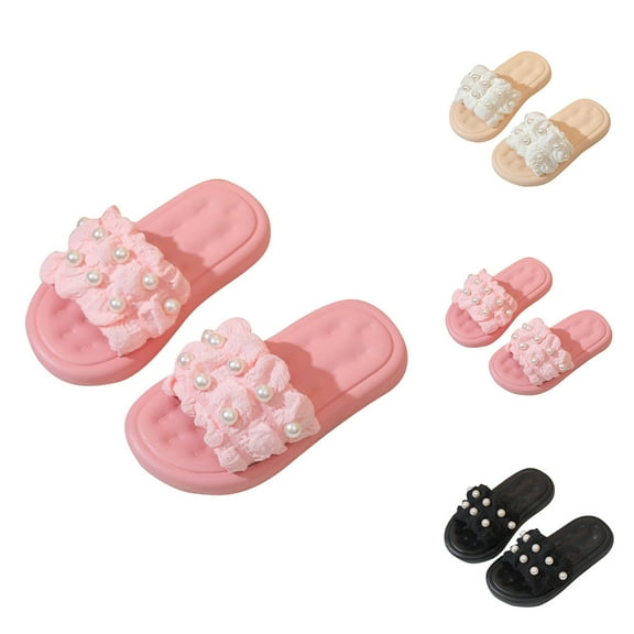 Slippers for Toddler Girls 5-12Years Children Girls Summer Slip-on Open Toe Non-Slip Flats Slides Solid Color Indoor Bathroom Home Teddy Bear Slippers