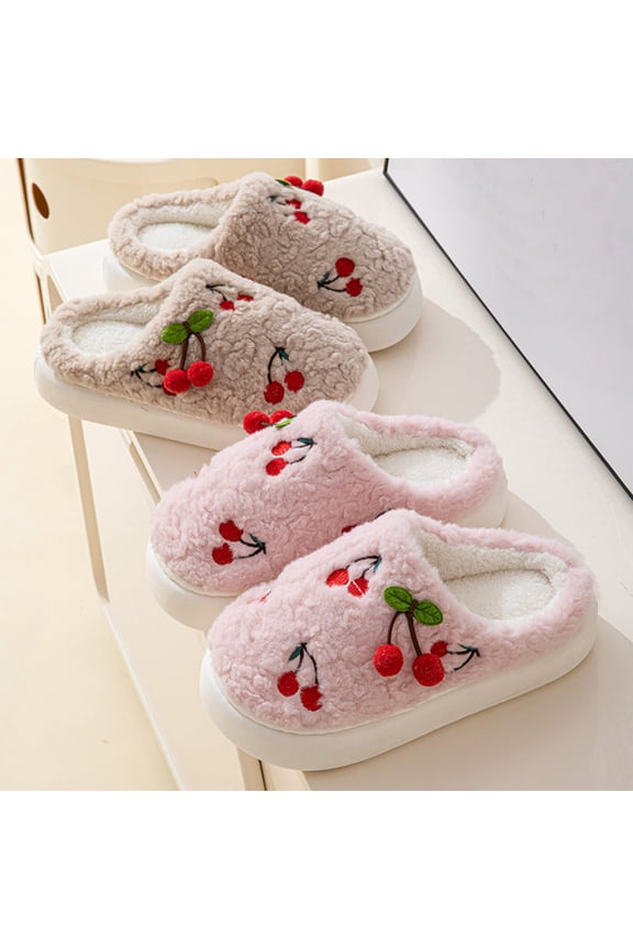 Slippers Winter Shoes Cotton Slippers For Women In Winter Cute Cherries Internet Personality Home Shoes Indoor Home Warm Thick-Soled Avoid Slipping Slippers Khaki qILAKOG Size 40-41