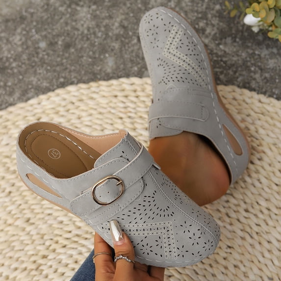 Slippers for Women Beach Fashion Wedge Heel Closed Toe Slip-On Hollow Adjustable Buckle Strap Sandals with Arch Support Summer Causal Dressy Daily Shoes for Women