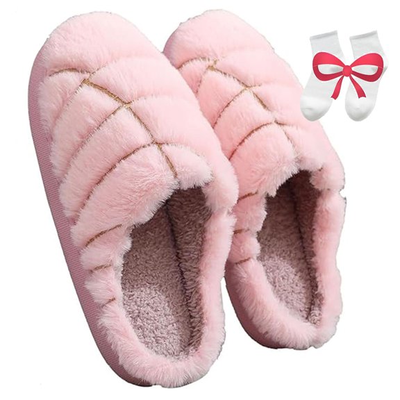 Slippers for Women, Cozy Mexican Bread Pantuflas with Memory Foam, Plush Lining, Quilted Design (Pink, M, Adult, Women, 9, Numeric Range, US Footwear Size System, 10, Medium)