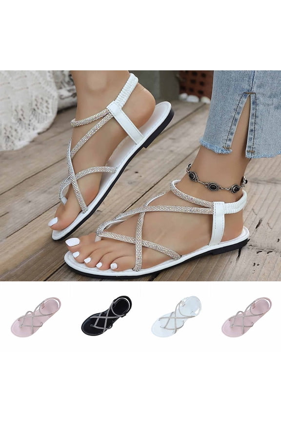 Slippers for Women Flat Heel Open Toe Thong Elastic Ankle Straps Gladiator Thong Casual Outerwear Flip-Flops Versatile Flat Soft Sole Rhinestone Sandals