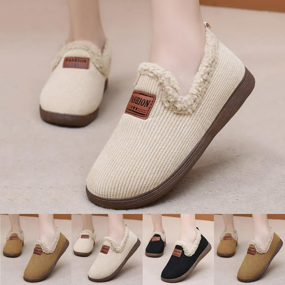 Slippers for Women Flat Heel Round Toe Slip-on Slides Flats Loafer Slippers Casual Winter Indoor Outdoor Warm Solid Color Home Flat Shoes for Women Beige 6.5