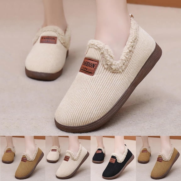 Slippers for Women Flat Heel Round Toe Slip-on Slides Flats Loafer Slippers Casual Winter Indoor Outdoor Warm Solid Color Home Flat Shoes for Women Khaki 7