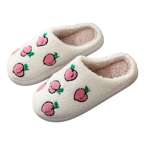 Slippers for Women Fuzzy Fresh Fruit Pattern Fluffy Winter House Shoes Home Footwear Warm Slippers Slip On Indoor Comfortable Slippers Bedroom Slippers Women White 41