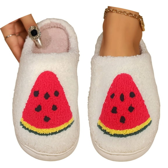 Slippers for Women Fuzzy Fresh Fruit Pattern Fluffy Winter House Shoes Home Footwear Warm Slippers Slip On Indoor Comfortable Slippers Womens Slippers Watermelon Red 41