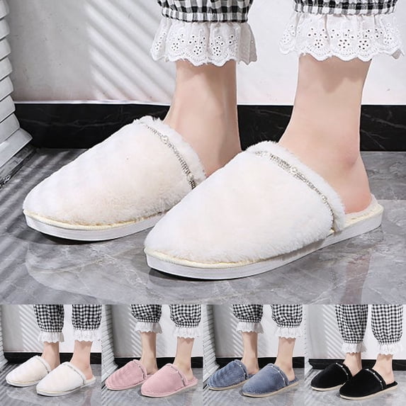 Only Slippers Women Fuzzy House On Indoor Outdoor Bedroom Furry Lined Comfy Memory Foam Female Home Shoes Anti Skid Rubber Hard Sole Grey 41